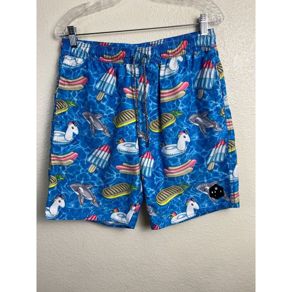 Neff Pool Party Unicorn Hotdog Blue Swim Trunk Board Shorts Men's Size‎ Medium